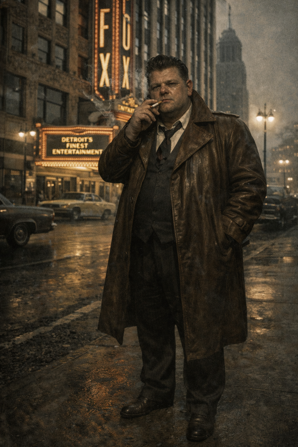 Dick Novack standing on a rain-soaked Detroit street at night
