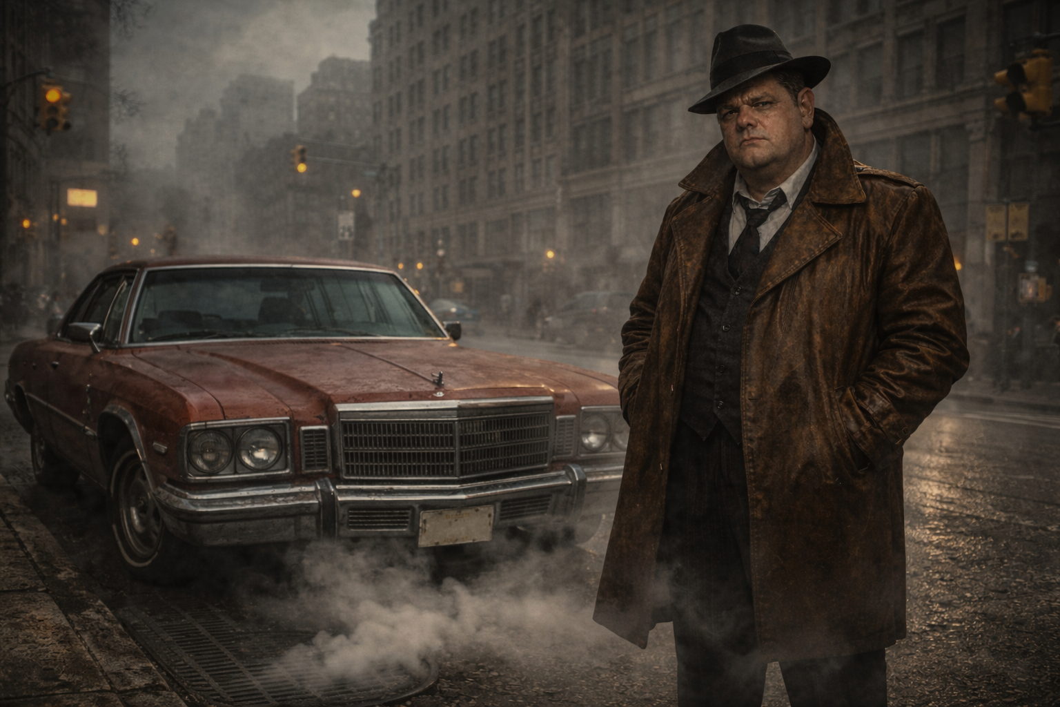 Dick Novack standing on a foggy Detroit street beside his car